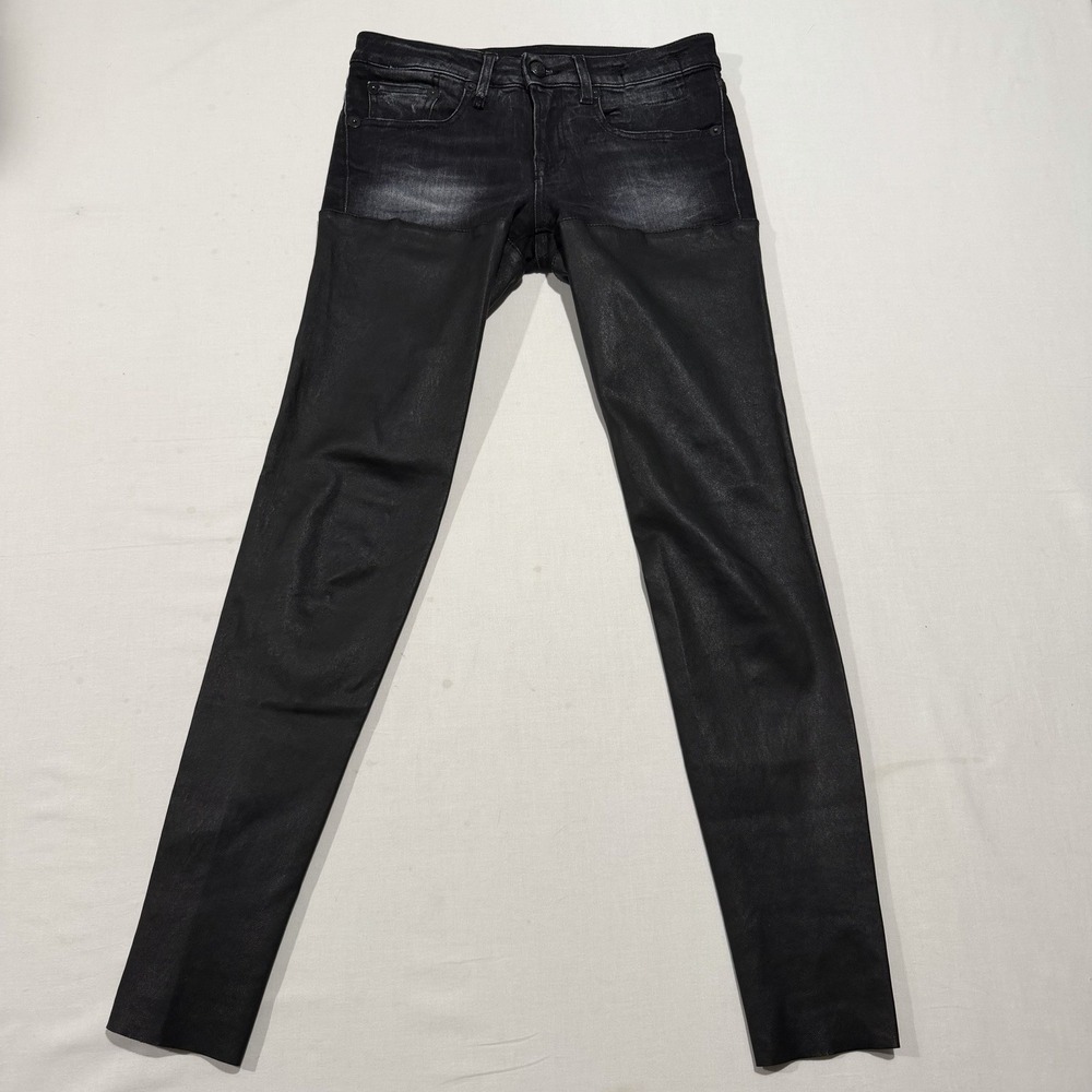 R13 Chaps Low Rise Skinny Jeans in Blk Marble & Lambskin Leather - Size 24